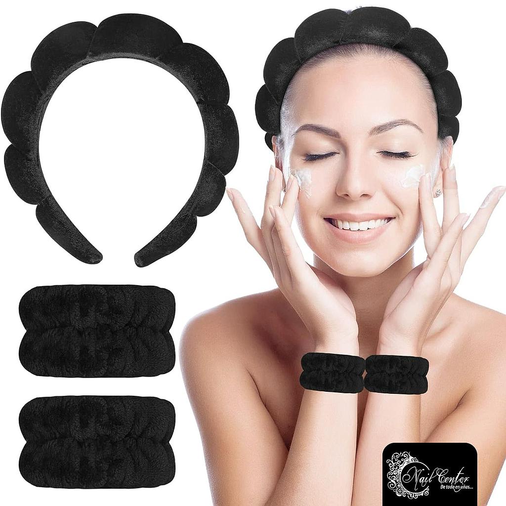 KIT DE DIADEMA Y MUÑEQUERAS PARA SKIN CARE NEGRO