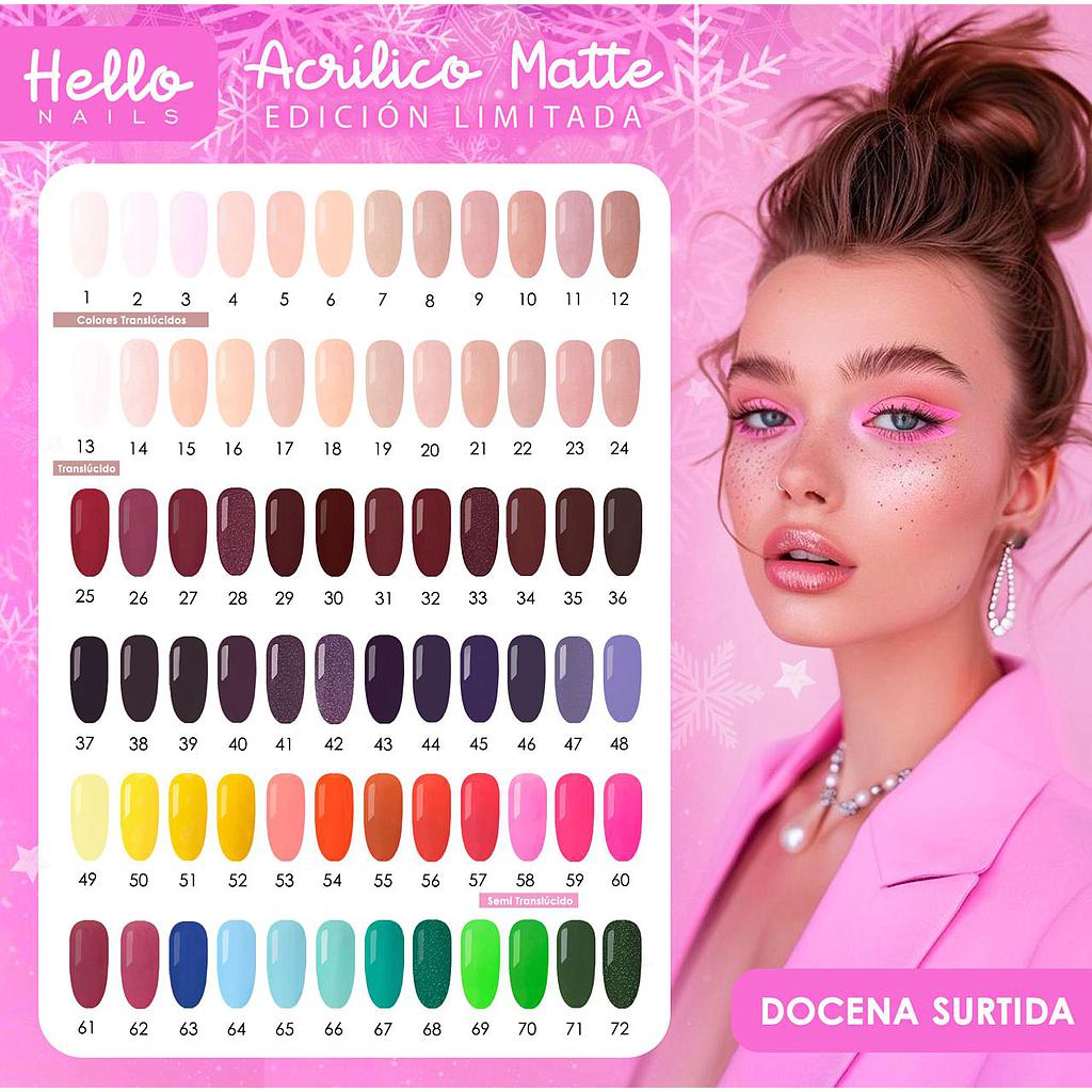 PROMO ACRILICO MATTE HELLO NAILS 1/4 DE ONZ.  PINK WEEK 12 PZS. SURTIDAS