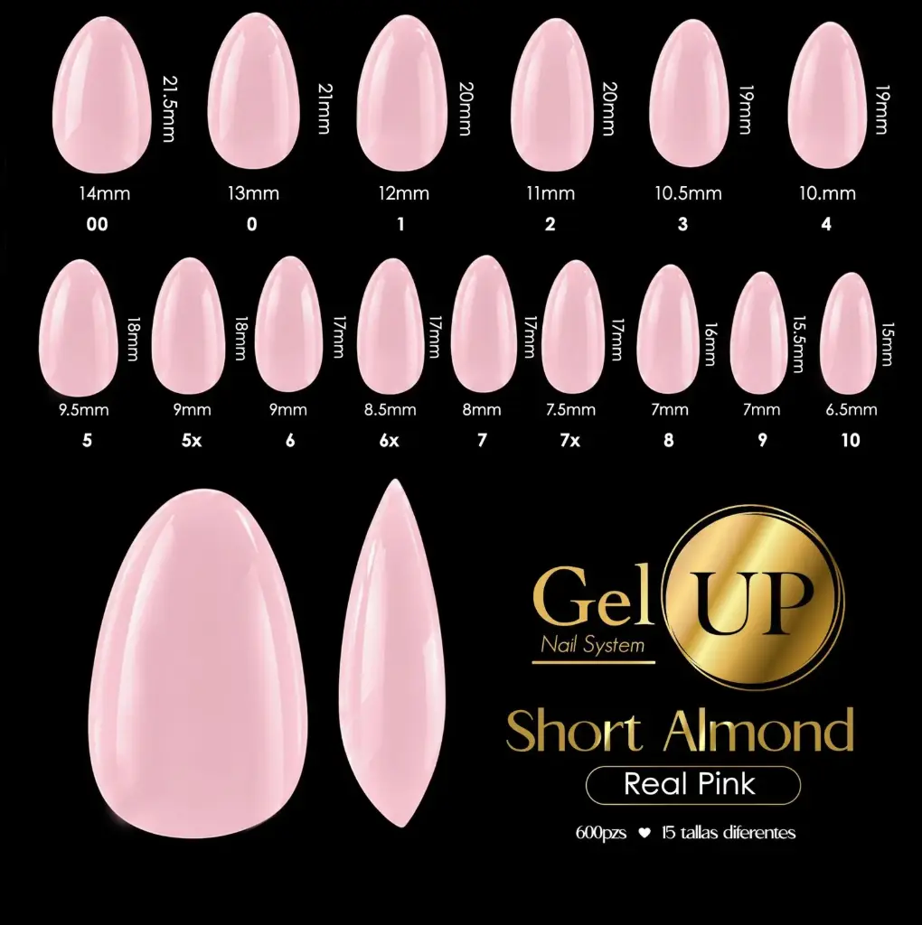 TIP GEL UP SHORT ALMOND REAL PINK 600 PIEZAS