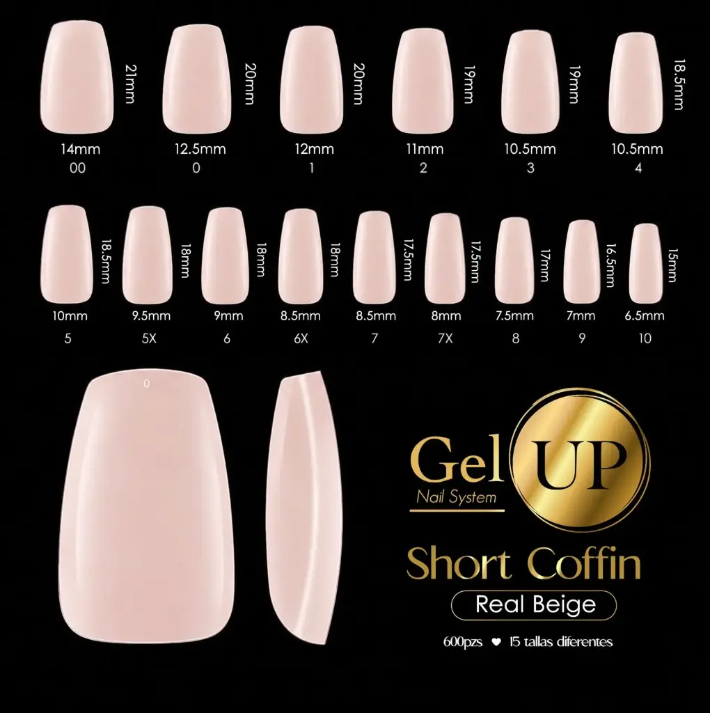 TIP GEL UP SHORT COFFIN REAL BEIGE 600 PIEZAS